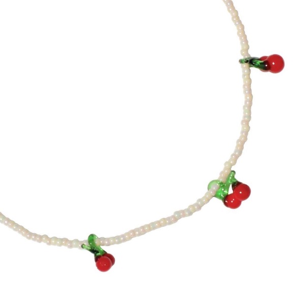 Glass Cherry Fruit Charm Beaded Choker Necklace - Picture 2 of 8